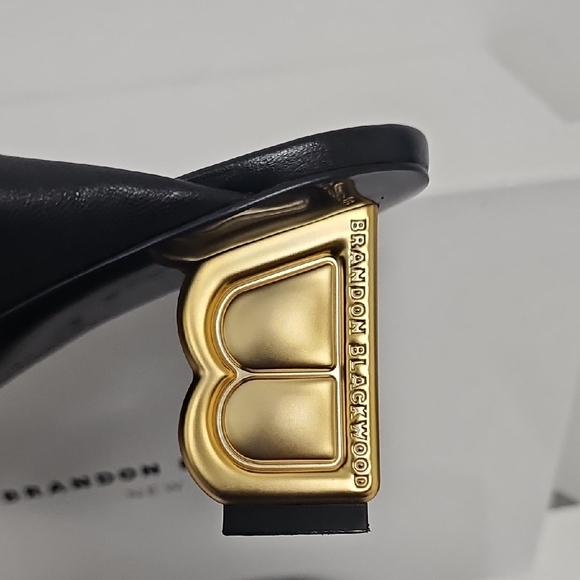 Brandon Blackwood Black Leather Knotted Mule Sandals with Gold B-Heel - Picture 11 of 15